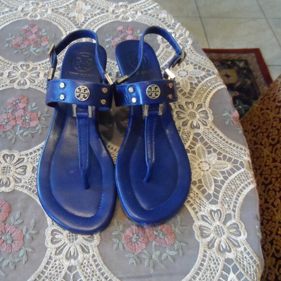 Tory Burch Navy Blue Leather Wedge Heel Sandals Size 7.5M - Picture 1 of 16